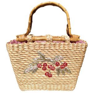 Straw Tote with Embroidered Cherries